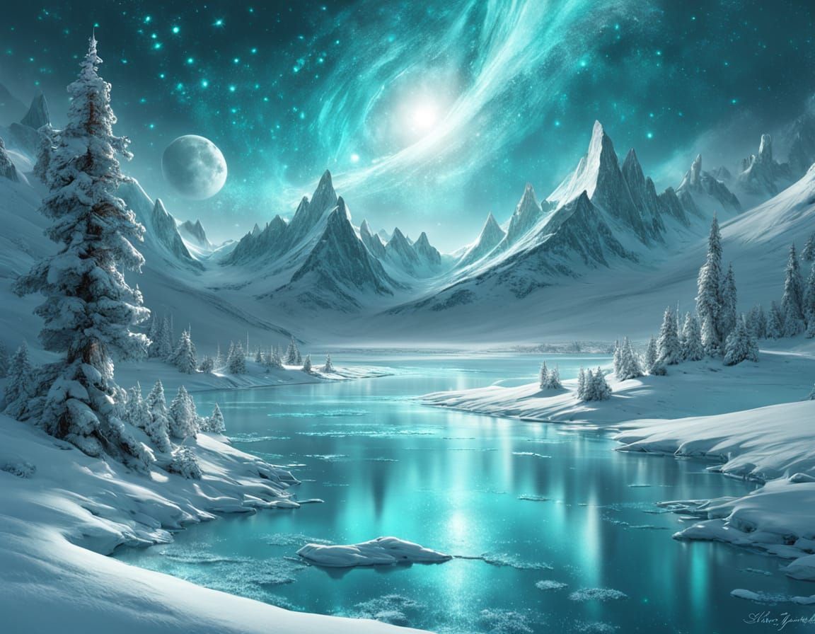 Magical Winter Night Sky Over Snowy Mountains