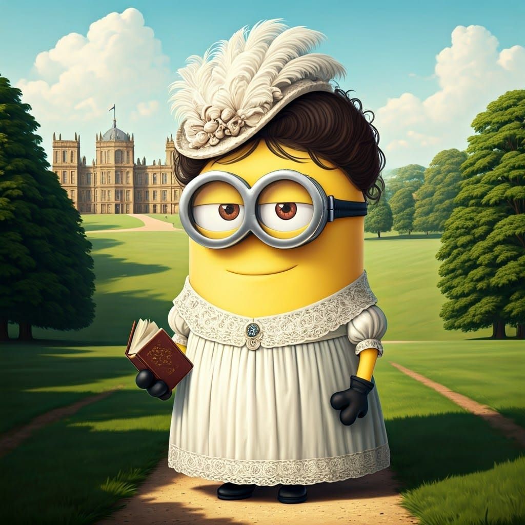 Minion in Regency Gown Holding Novel