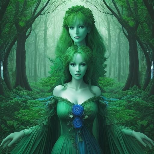 Green Lady in Blue Forest: AI Generated