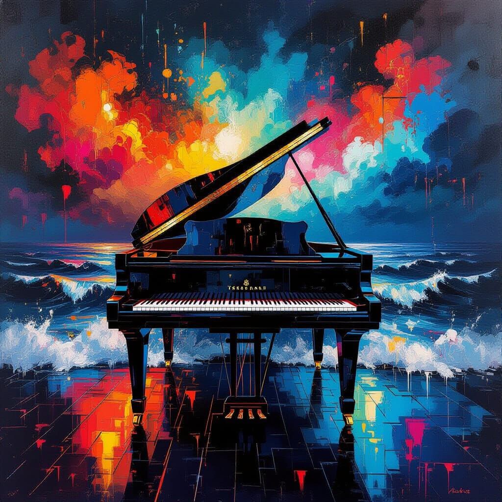 Grand Piano Amidst Stormy Abstract Ocean in German Expressio...
