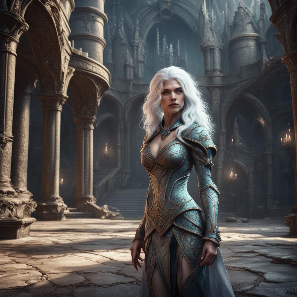 White-Haired Siren in Castle, Detailed Matte Painting