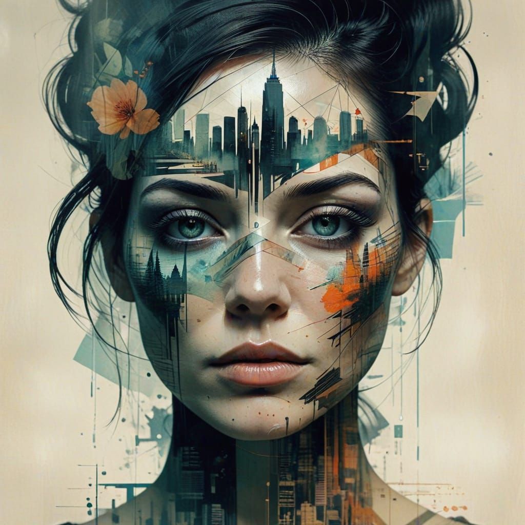 Double Exposure Woman with Cityscape Tattoos