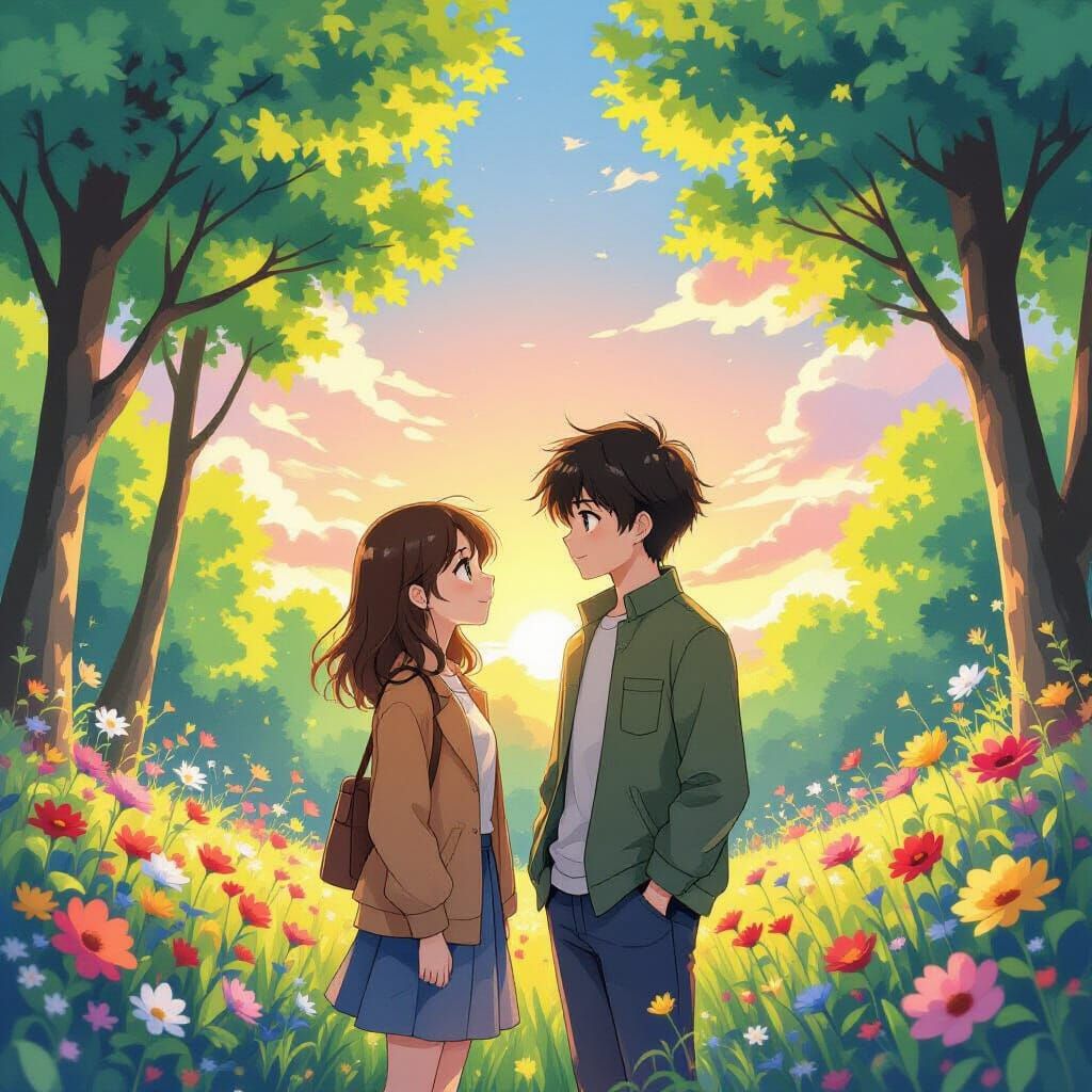 Anime Forest Sunrise with Boy and Girl