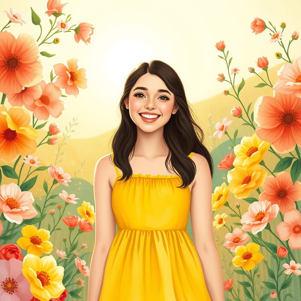 Smiling Woman in Floral Setting, Whimsical Art