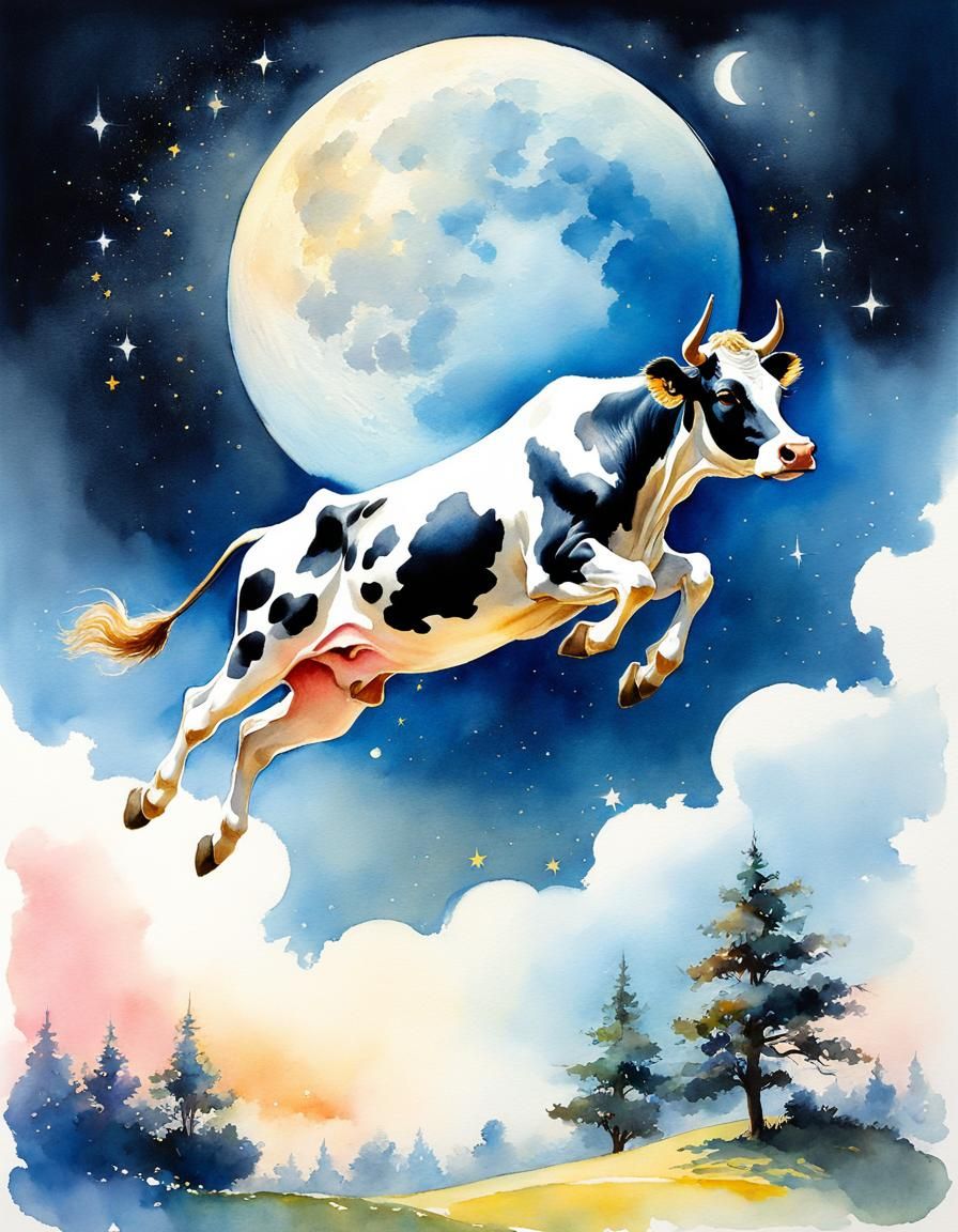 Cow Jumps Over Moon in Watercolor Fantasy