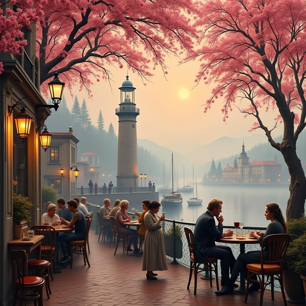 Dreamy Cafe View of Lighthouse, Mural Painting