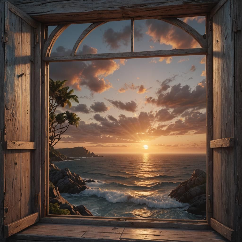Ocean Sunset View Through Rustic Window