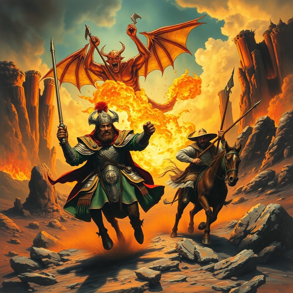 Don Quixote Battles Balrog in Fantasy Landscape