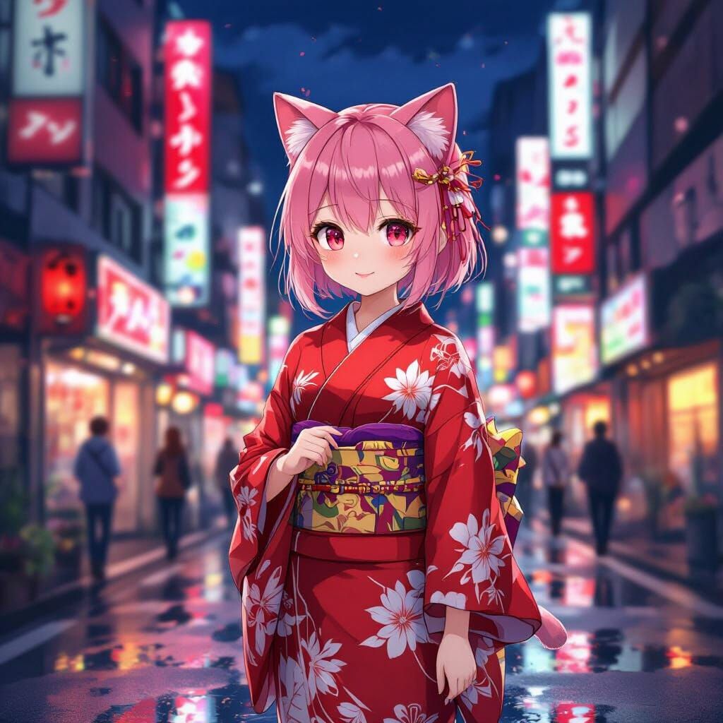 Cute Anime Girl with Cat Ears in Tokyo Street
