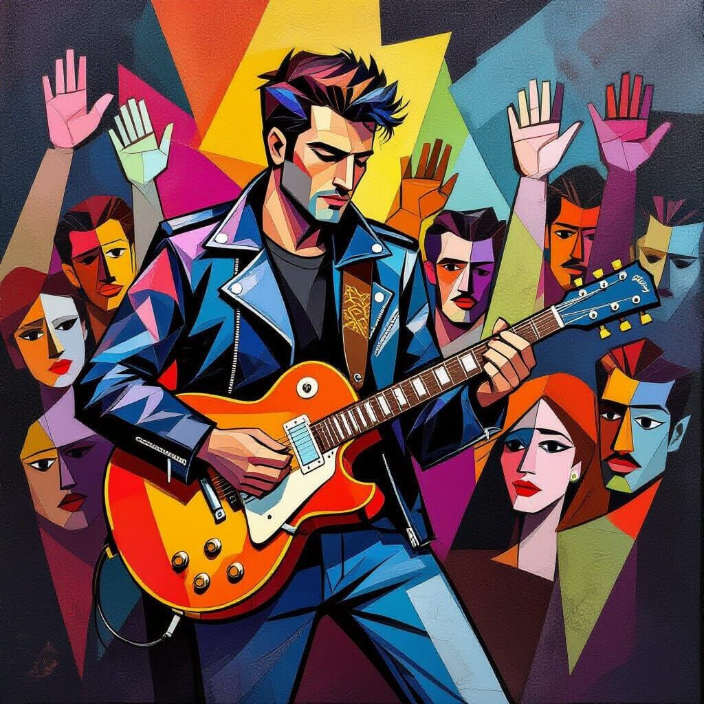 Cubist Rockstar Performance in Geometric Style