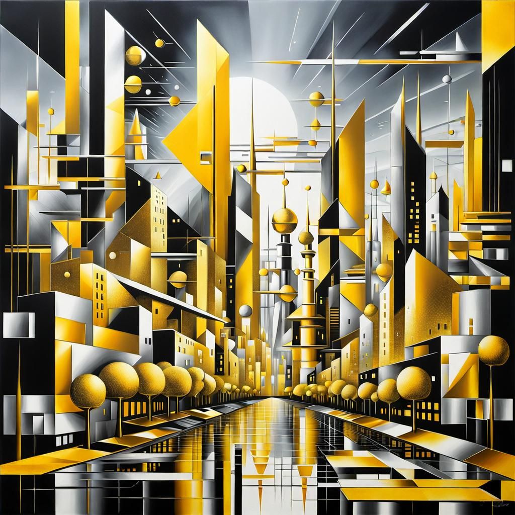 Futuristic Cityscape in Metallic Suprematism Style
