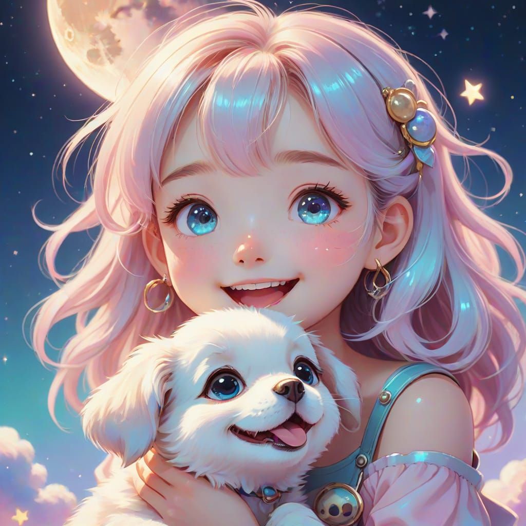 Girl and Puppy on the Moon: Kawaii Digital Art