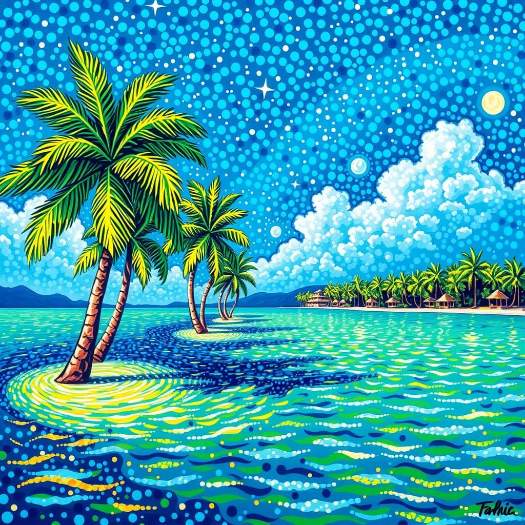 Tahitian Lagoon in Pointillist Style