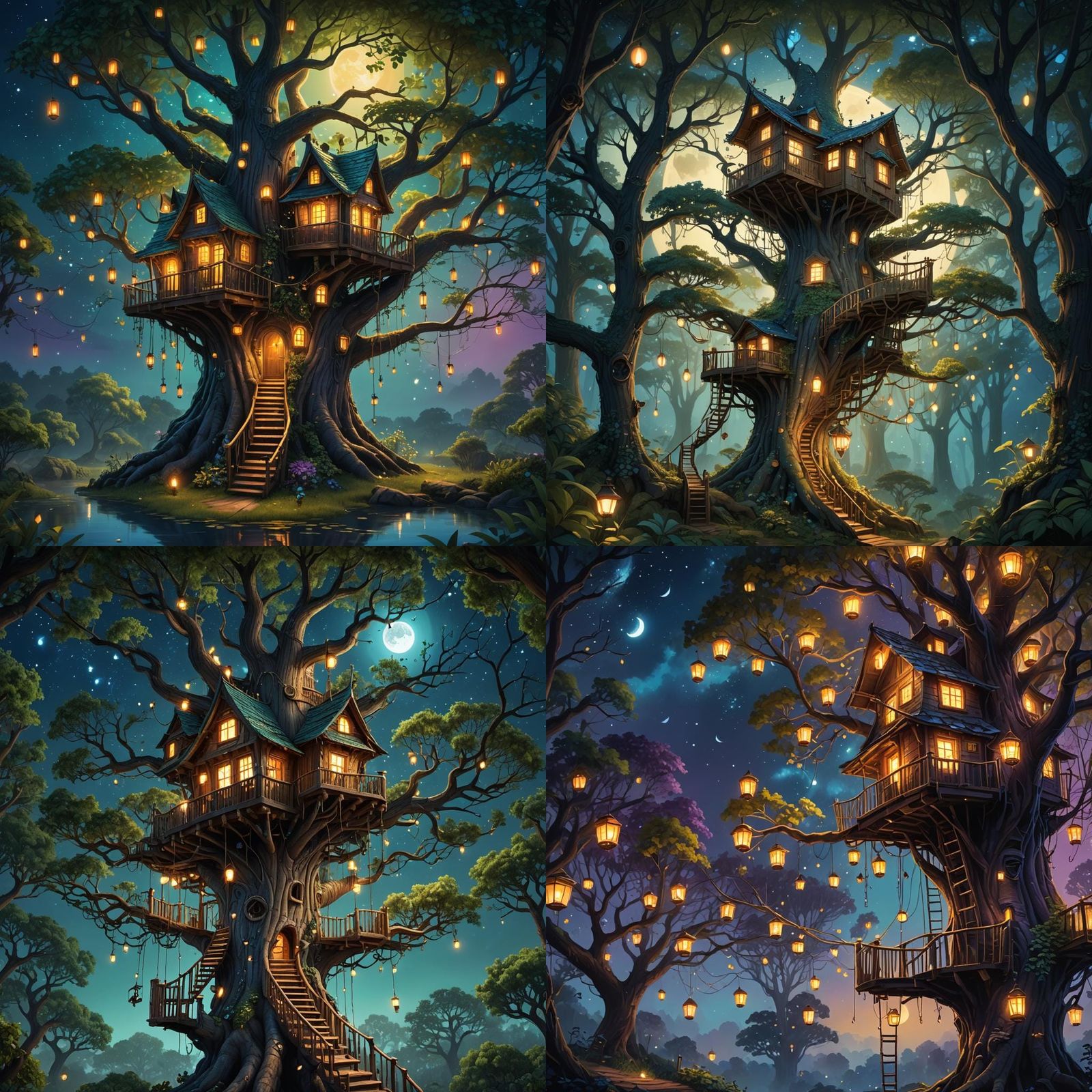 Moonlit Treehouse with Fireflies: Fantasy Concept Art