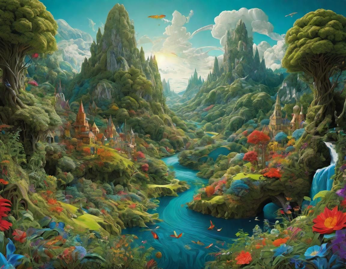Dreamland with Forests, Rivers and Flowers in Folk Art Style