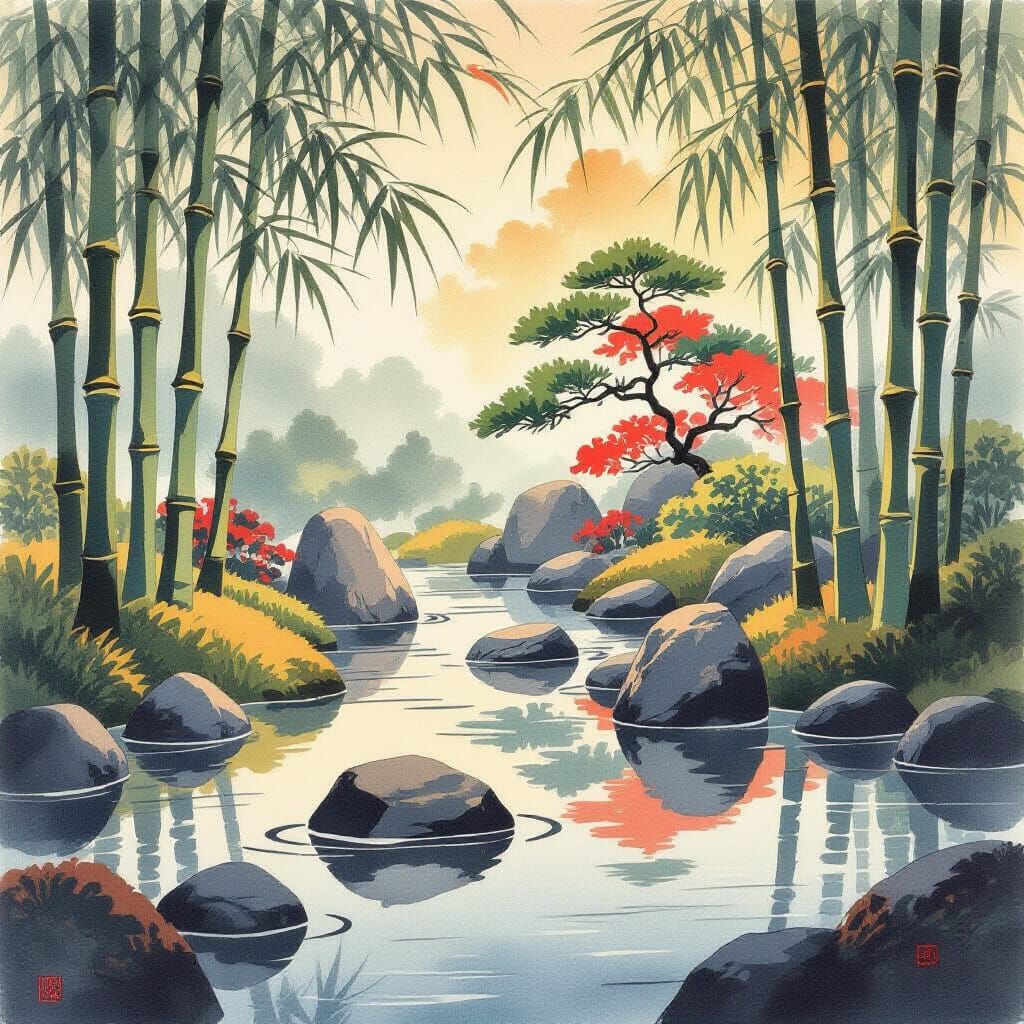 Japanese Garden in the Style of Hiroshi Yoshida