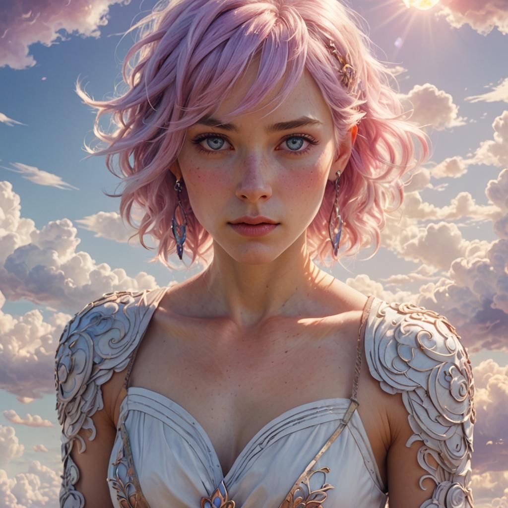Woman with Purple Eyes in Heavenly Landscape