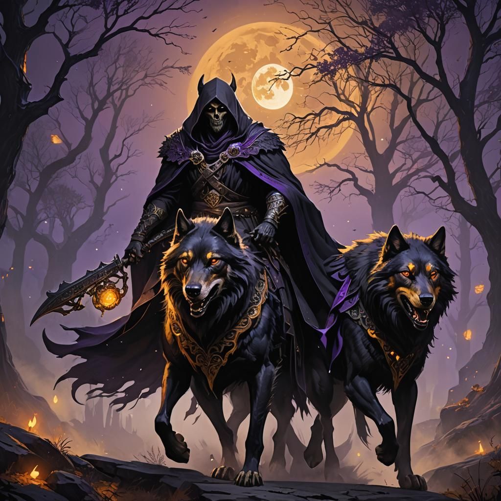 Necromancer on Wolf in Dark Fantasy Style