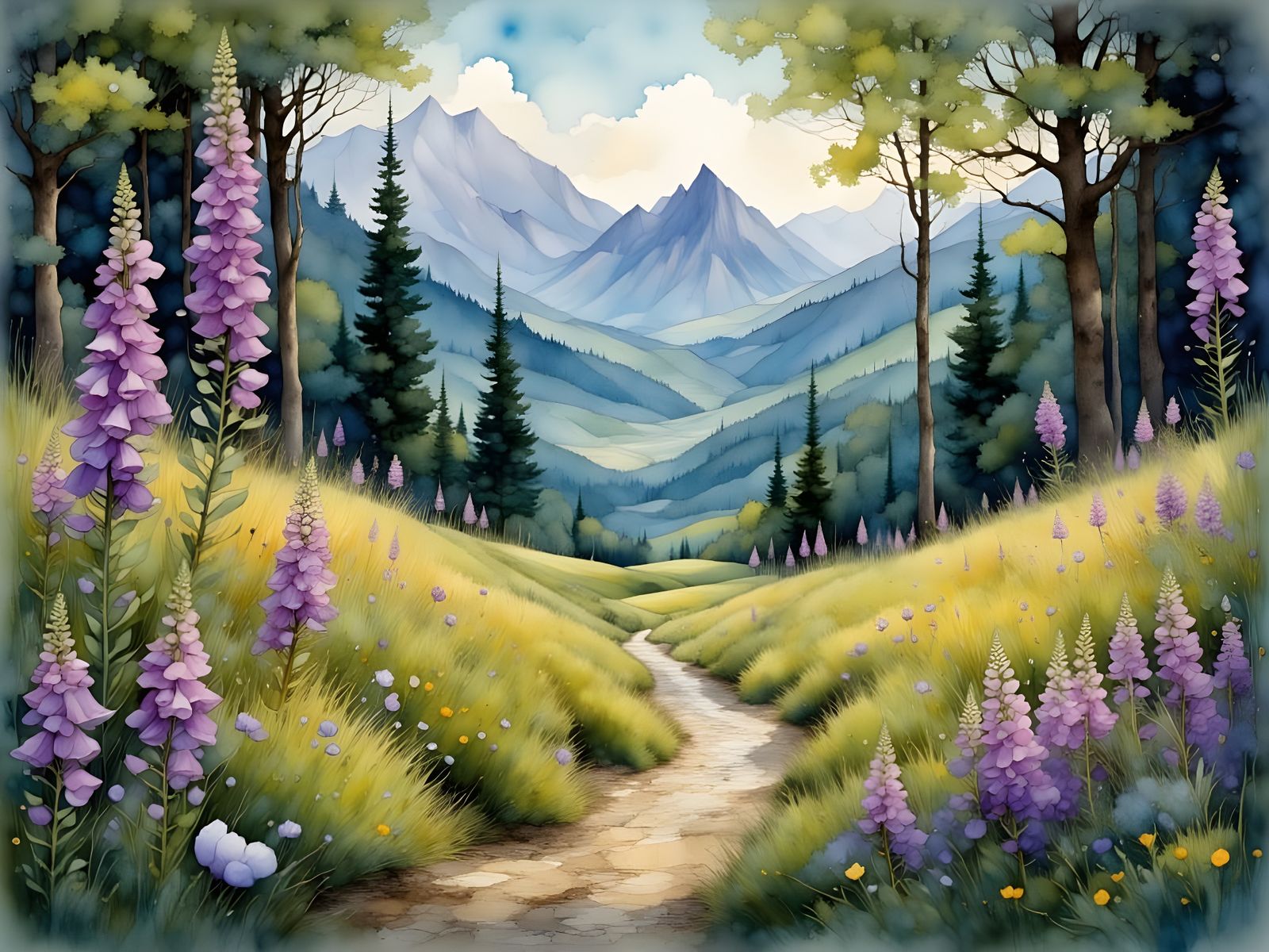 Summer Mountain Forest Path with Foxglove