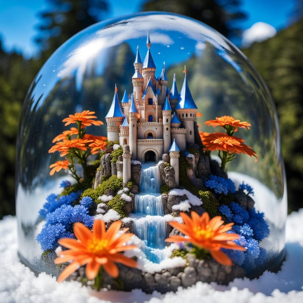 Crystal Castle Snow Globe in Hyperrealist Style