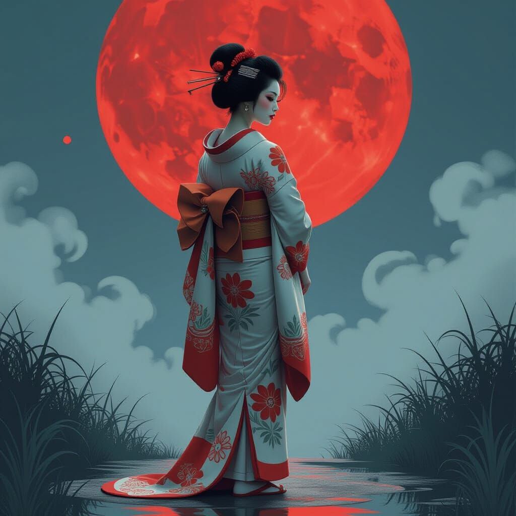 Geisha Under Red Moon with Spectral Mist