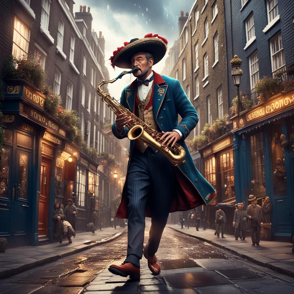 Saxophonist in London Street: Fantasy Concept Art