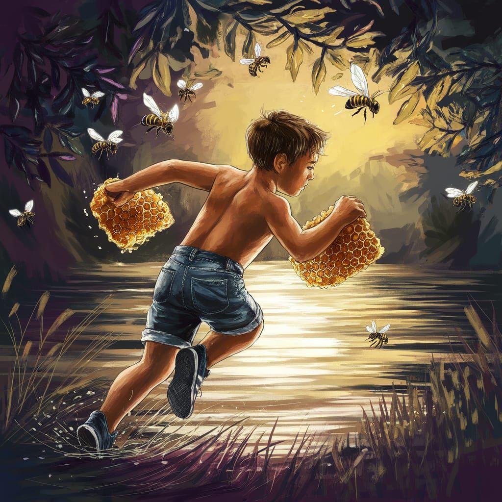 Boy Chases Honeybees in Vibrant Forest Landscape