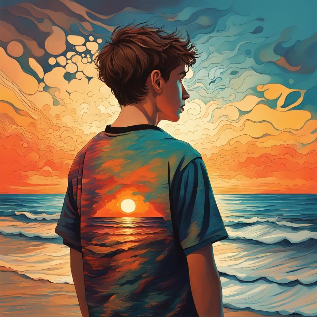Hyperrealistic Boy at Sunset, Abstract Splash Art