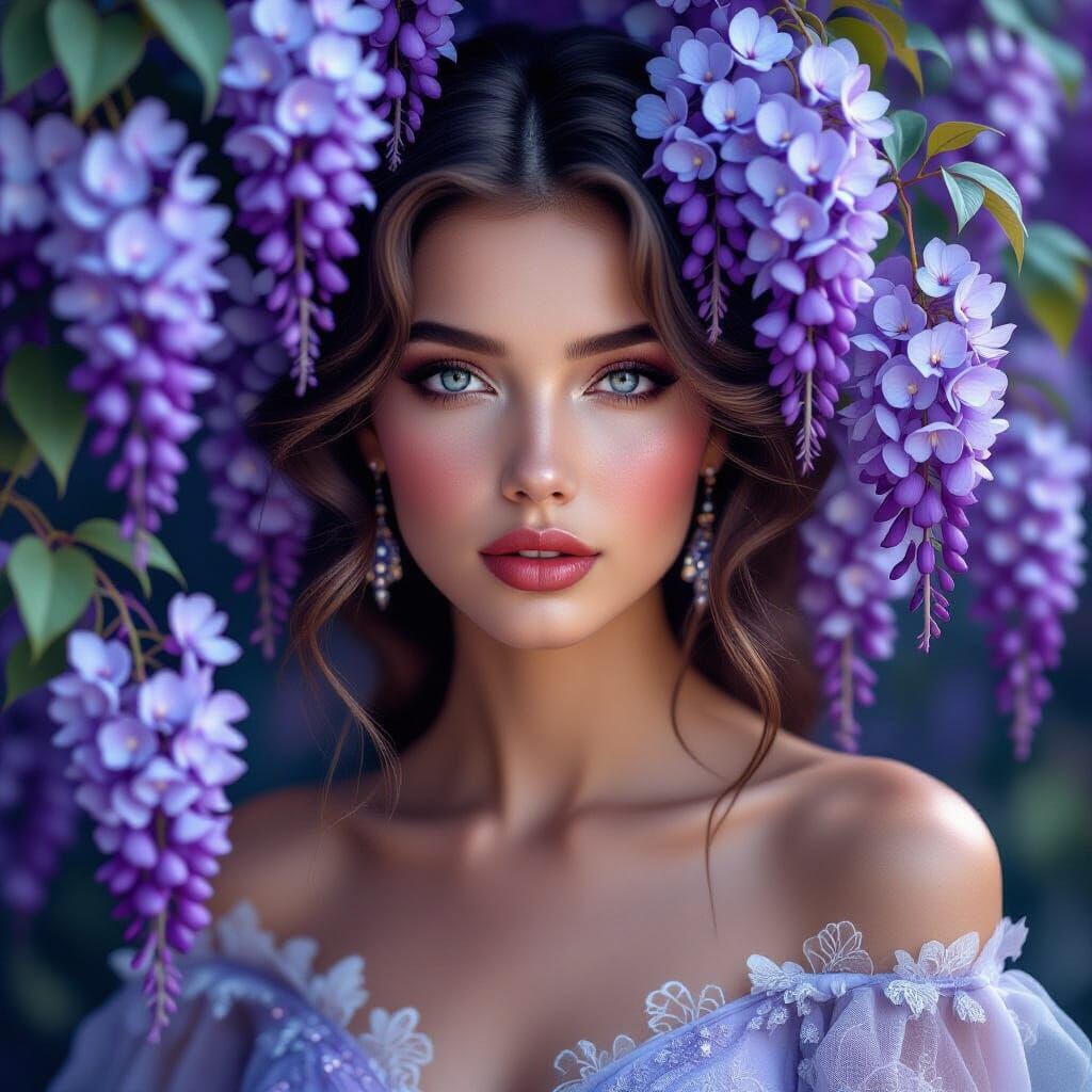 Woman with Wisteria Hair in Romantic Ethereal Style