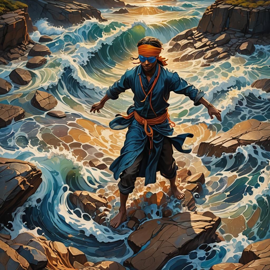 Blindfolded Figure Amidst Rippling Earth: Concept Art