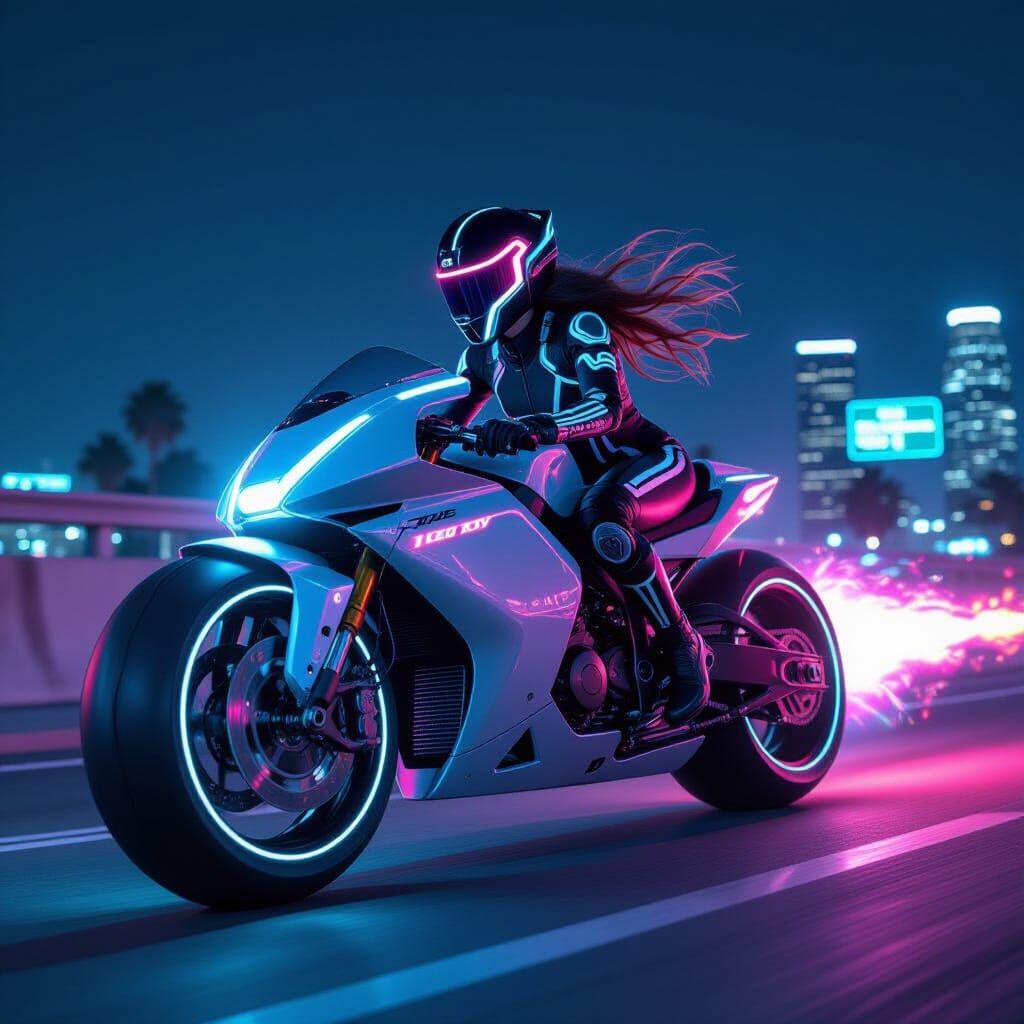 Tron Woman Races Light Cycle in Neon Los Angeles