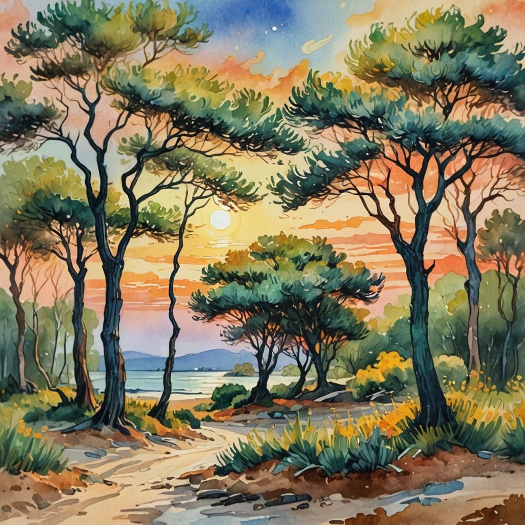 Island Sunset: Watercolor Painting in Abstract Expressionism