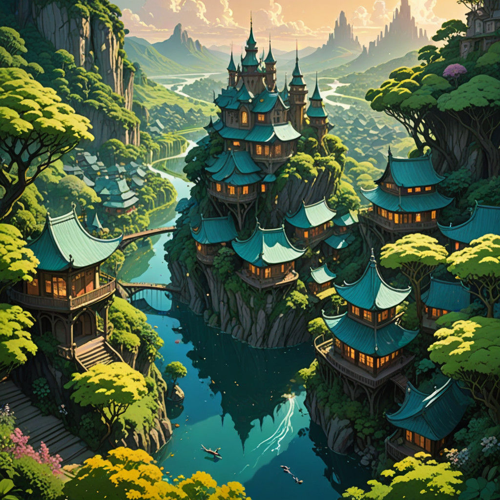 Fantasy City in Golden Light, Lush Countryside