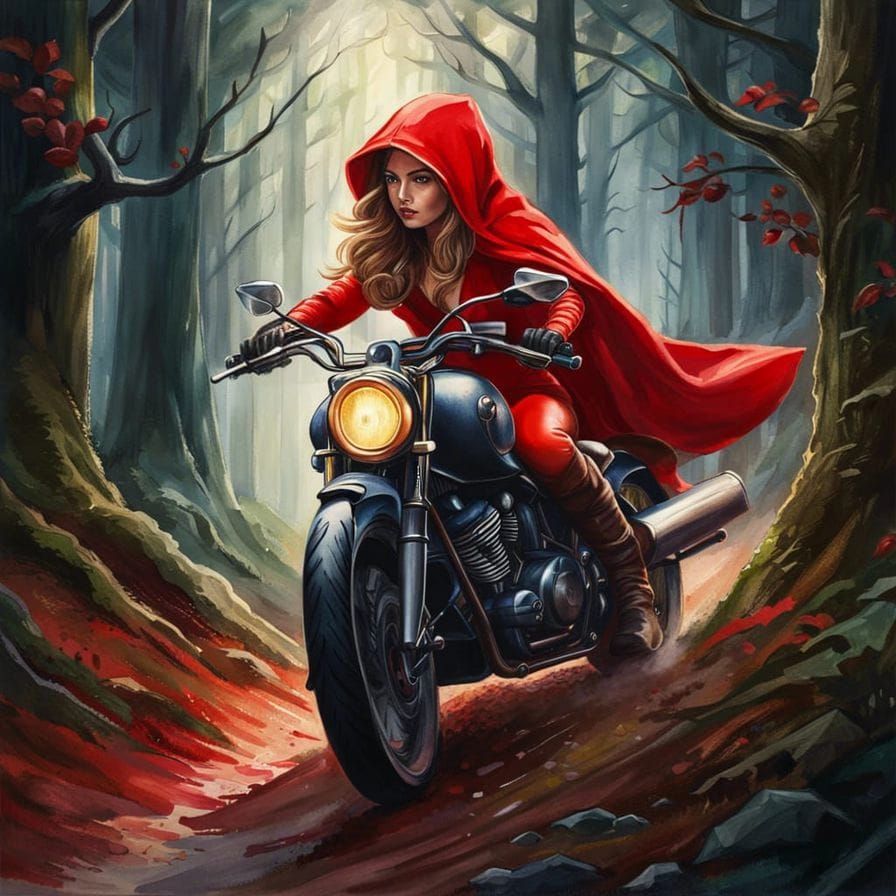 Biker Girl Red Riding Hood in Fairytale Forest