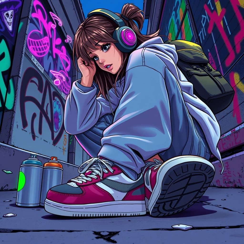 Female Graffiti Artist Listening to Music in Urban Style