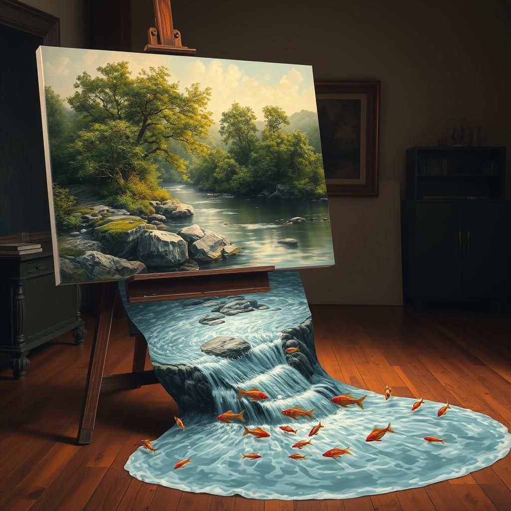 Surreal River Landscape Flows From Canvas