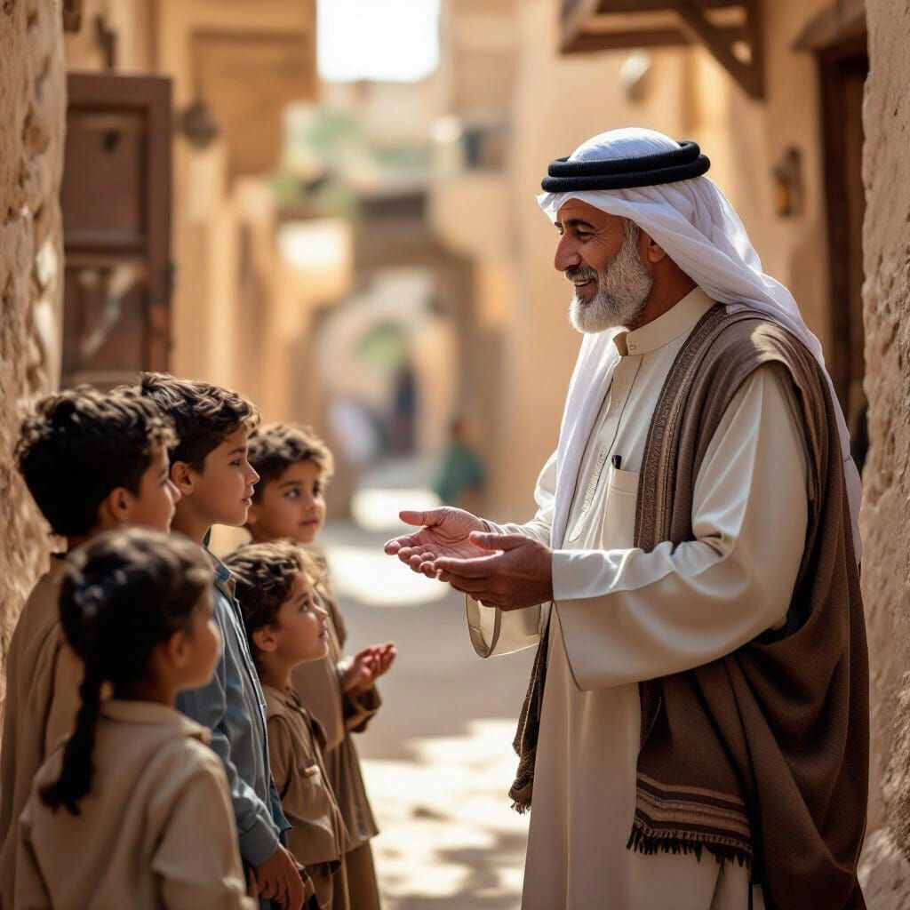 Elderly Arab Man Offers Gift to Children in Realistic Scene