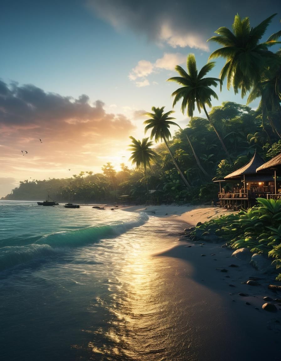 Tropical Beach Sunset in Detailed Matte Painting Style