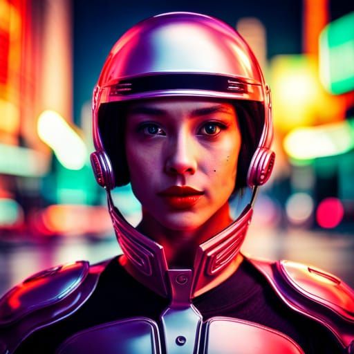 Cyborg Girl Portrait in Neon City, Hyperrealistic
