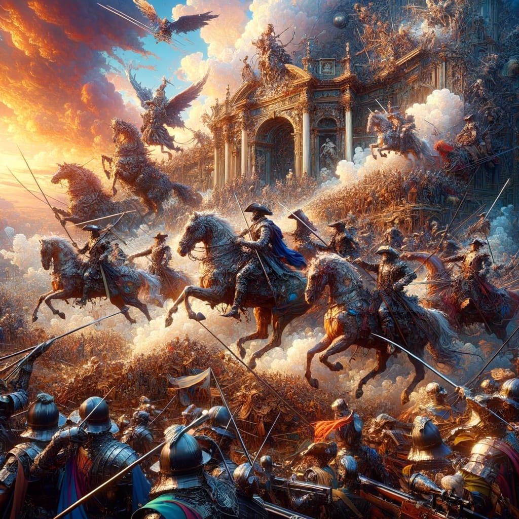 Epic Baroque Battle Scene with Knights and Musketeers