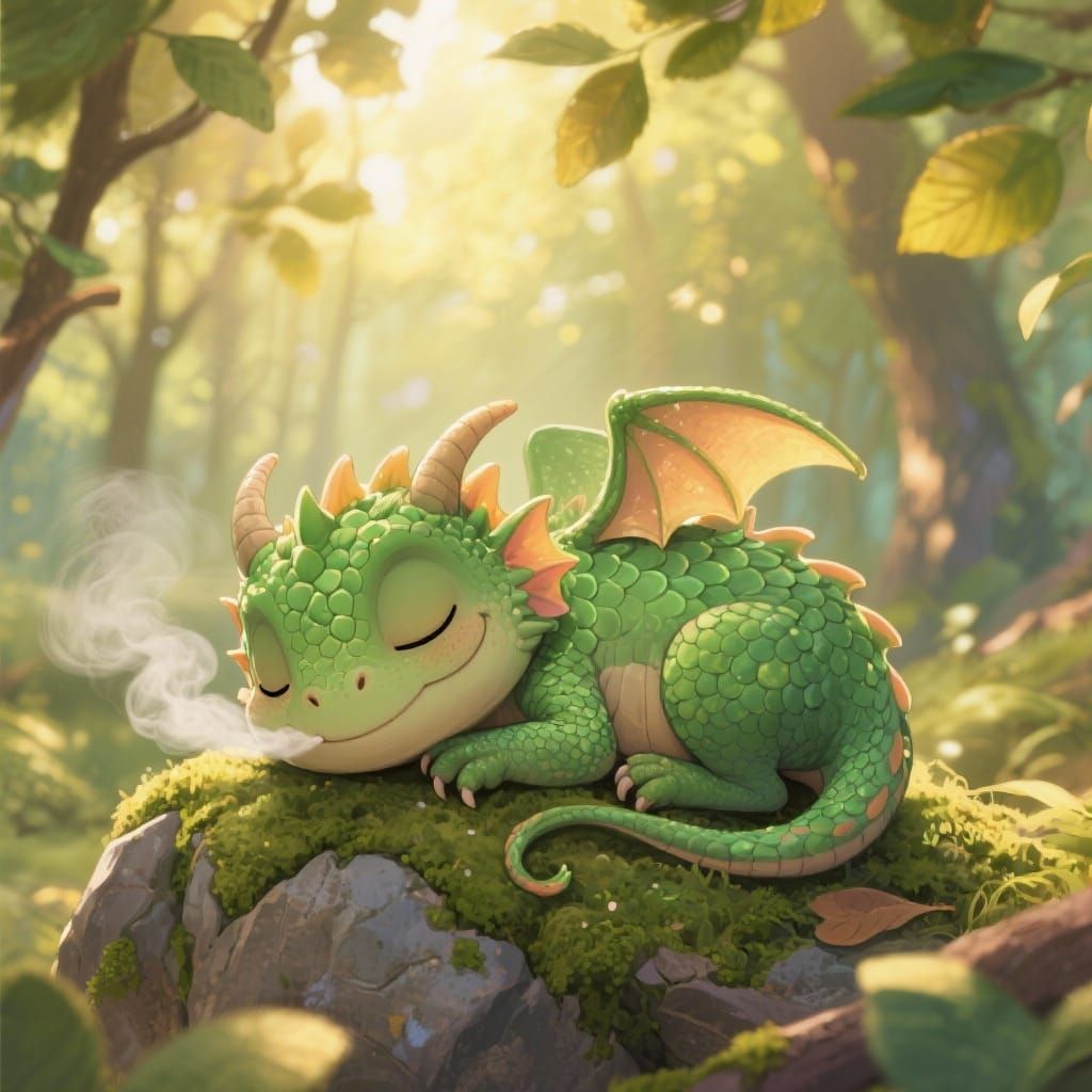 Baby Dragon Sleeping Peacefully in Enchanted Forest
