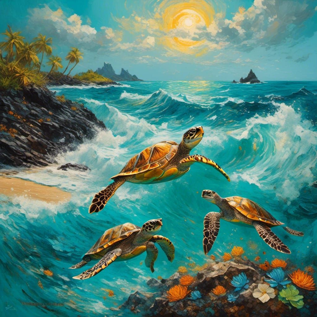 Galapagos Turtles on Sun-Drenched Beach as Impasto Painting