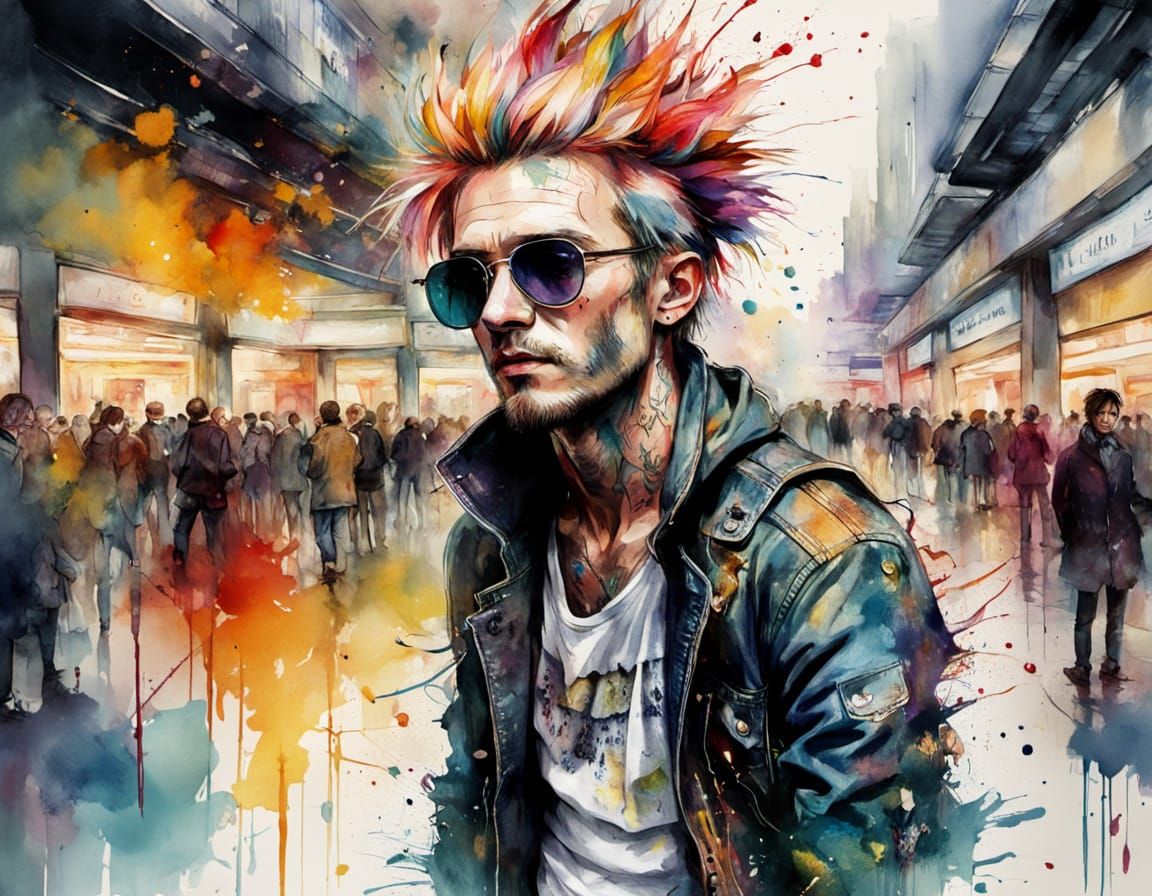 Vibrant Punk Rocker in a Whimsical Shopping Mall Scene