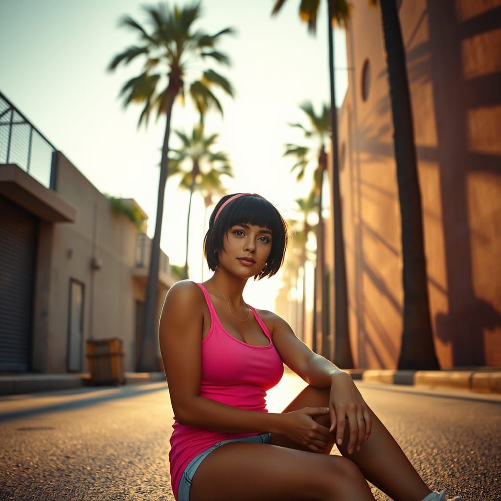 Youthful Woman Basks in Urban Alley Oasis