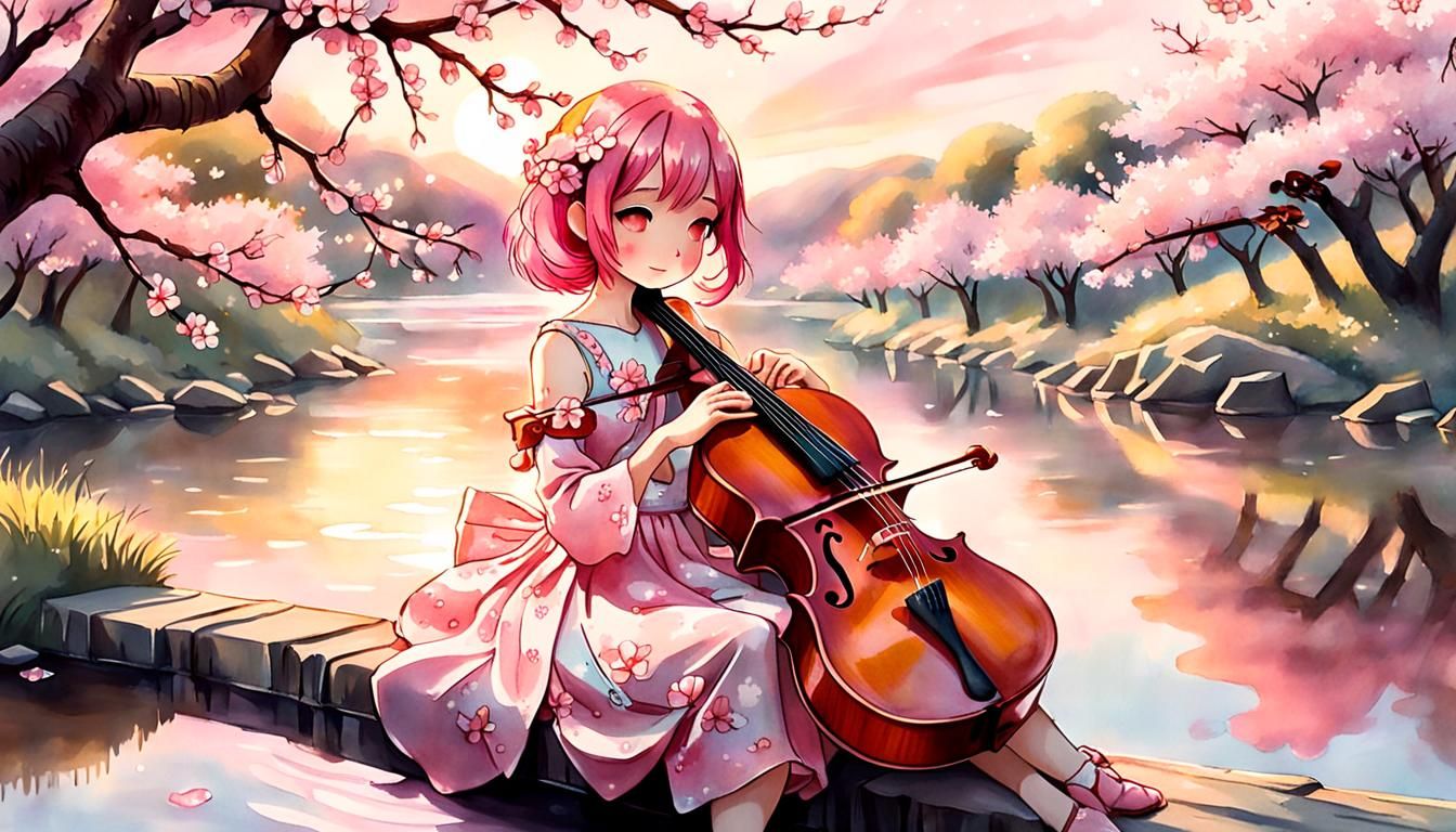 Girl with Cherry Blossom Cello, Watercolor Miyazaki Style