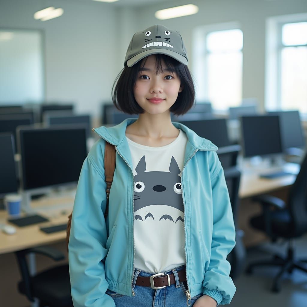 Hyperrealistic Photo of a Young Woman in College Lab