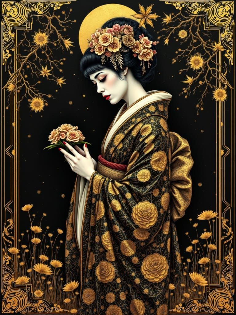 Gothic Geisha Tarot Card in Zen Garden by Alphonse Mucha Sty...
