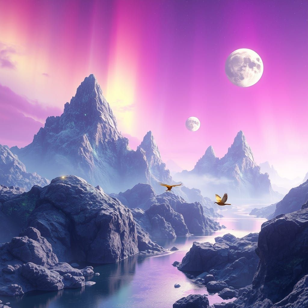 Enchanted Alien World with Glowing Crystals and Vibrant Auro...