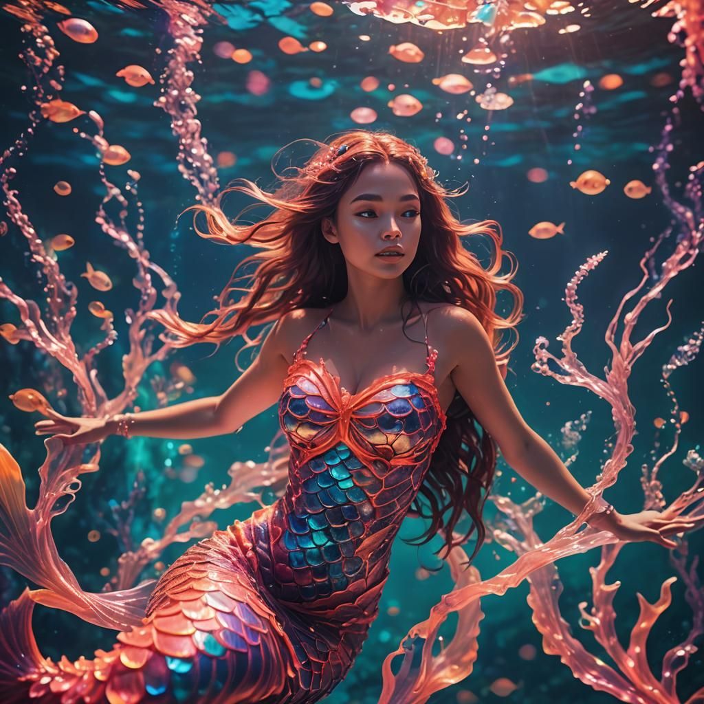 Mermaid in Neon Futuristic Glowing Ocean