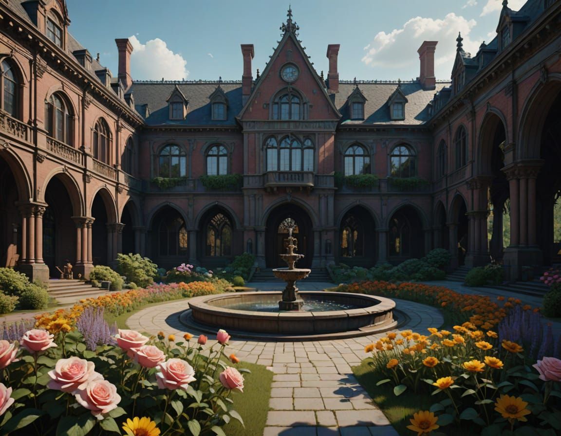 Majestic Victorian University Building in a Lush Courtyard